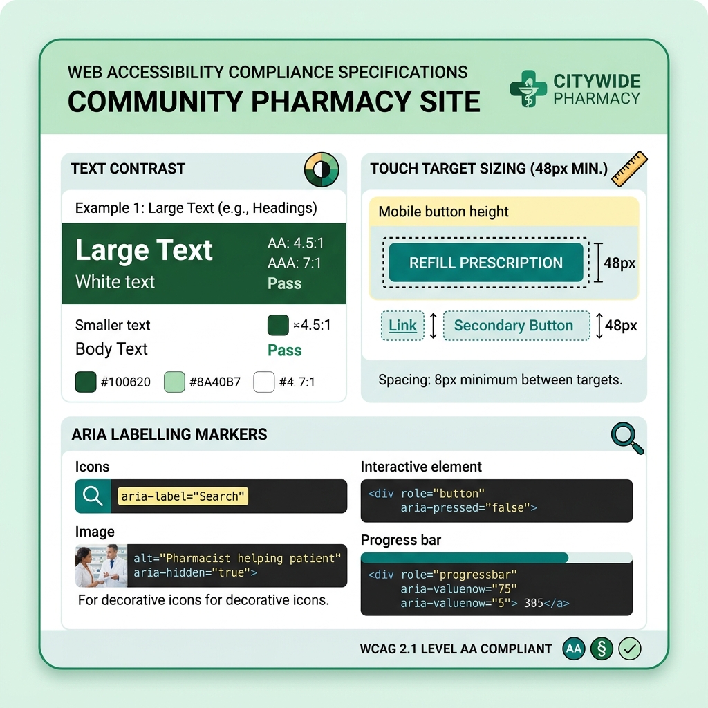 Web accessibility layout showing contrast and touch target specifications