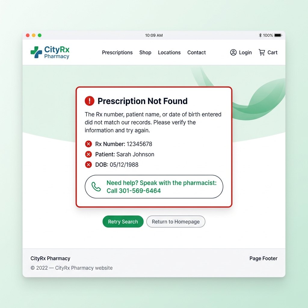 Error routing state showing pharmacist phone link